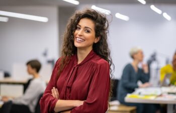 Successful businesswoman standing in creative office and looking at camera while smiling. Portrait of beautiful business woman standing in front of business team at modern agency with copy space.