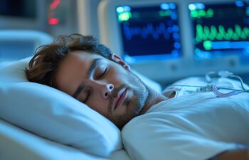 A young man sleeps peacefully in a hospital bed, connected to a monitor.